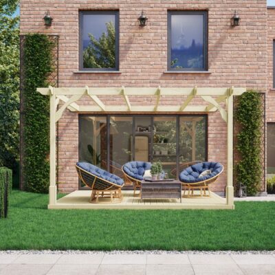 Wall Mounted Premium Pergola with Decking Kit - Light Green - Front View