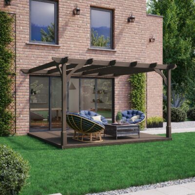 Wall Mounted Premium Pergola with Decking Kit - Rustic Brown - Front Side View