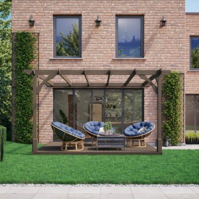 Wall Mounted Premium Pergola with Decking Kit - Rustic Brown - Front View