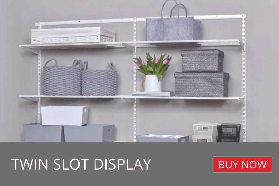 Unlimited shelving ideas with Twin Slot displays. Available in stock today from Directshopfittings